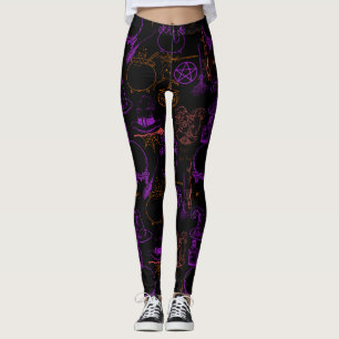 Halloween Witchcraft Muster Neon 01 Black BG Leggings