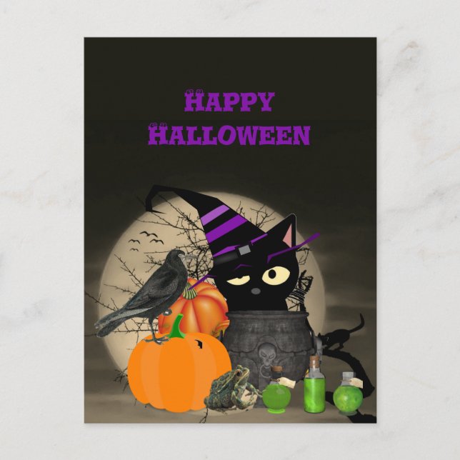 Halloween Witchy Black Cat For Kids Postcard Postkarte (Vorderseite)