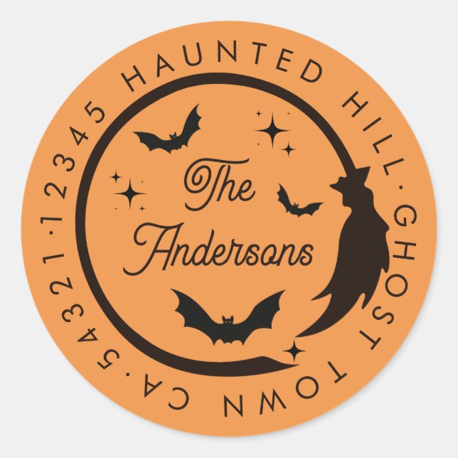 Halloween Witz Broom Bats Spooky Rücksendeadresse Runder Aufkleber (Vorderseite)