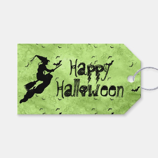 Halloween Witz & Fledermäuse Silhouette Green Grun Geschenkanhänger (Vorderseite (Horizontal))