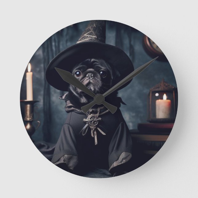 Halloween Wizard Black Mops Round Clock Runde Wanduhr (Vorderseite)
