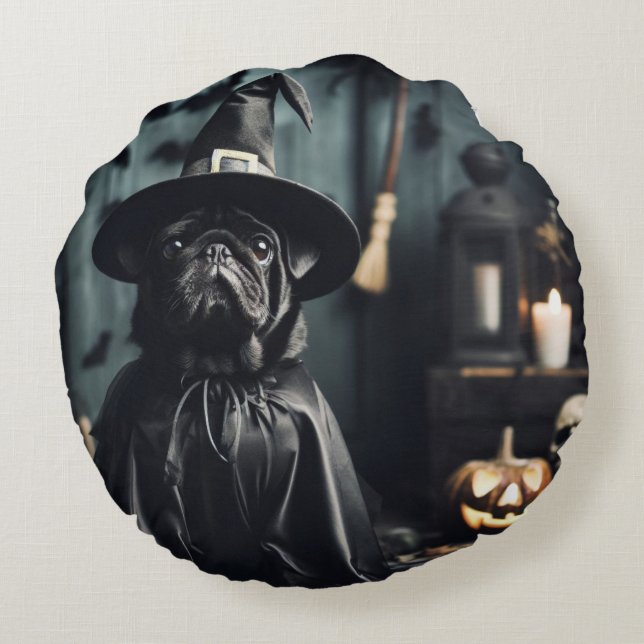 Halloween Wizard Black Mops Round Pillow Rundes Kissen (Rückseite)