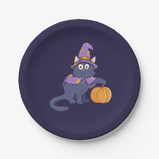 Halloween Wizard Cat mit Pumpkin Pappteller (Vorderseite)