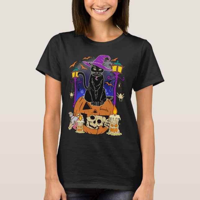 Halloween Women Men Kids Halloween Black Cat Pumpe T-Shirt (Vorderseite)