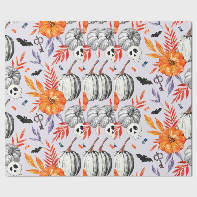 Halloween Wrapping Paper Geschenkpapier (A vibrant, animated textile pattern featuring pumpkins, skulls, and autumn leaves. )