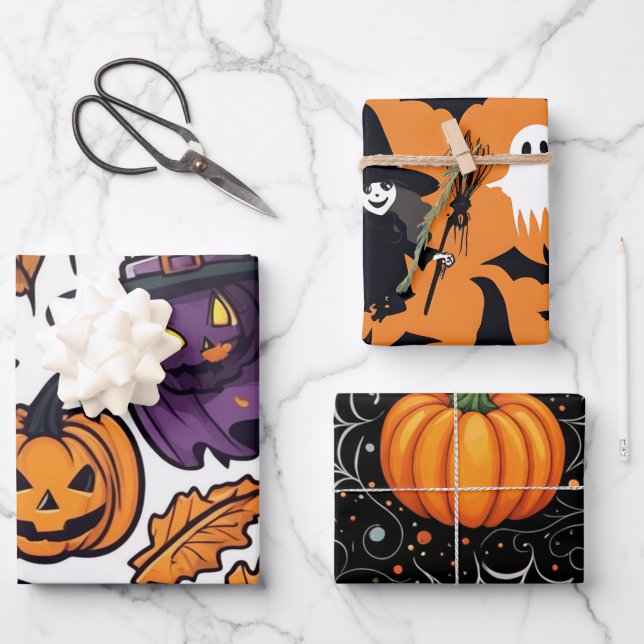 Halloween Wrapping Paper Pumpkin Hexenkultur Desig Geschenkpapier Set (Vorderseite)