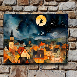 Halloween-Wünsche Hexen-Wasserfarbe Retro-Stadt Folien Feiertagspostkarte