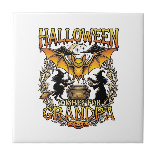 Halloween-Wünsche Opa Fledermaus Hexenkessel_1 Fliese (Vorderseite)