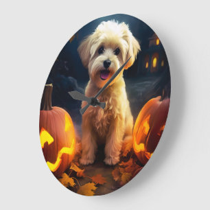 Halloween Yorkipoo mit Pumpkins Beängstigend Große Wanduhr
