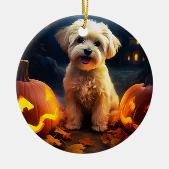 Halloween Yorkipoo mit Pumpkins Beängstigend Keramik Ornament (Vorne)