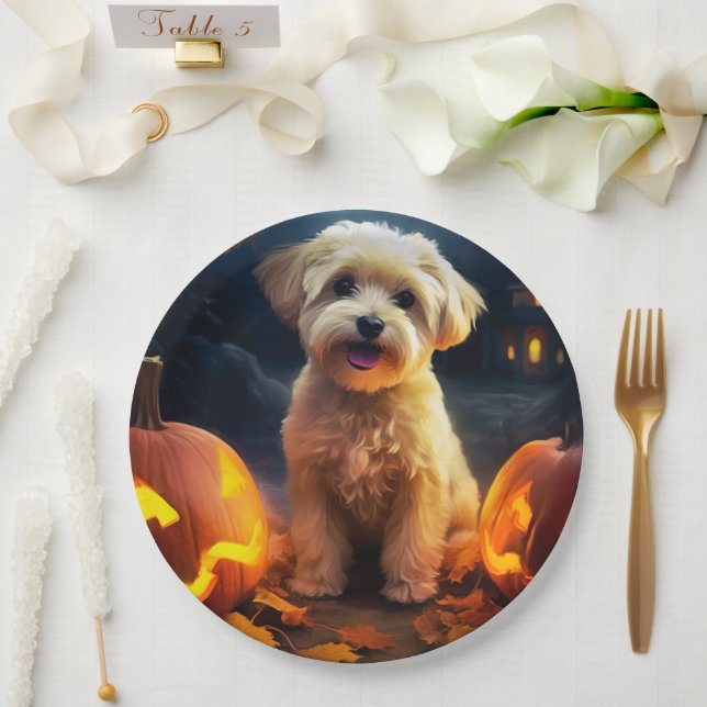 Halloween Yorkipoo mit Pumpkins Beängstigend Pappteller (Hochzeit)