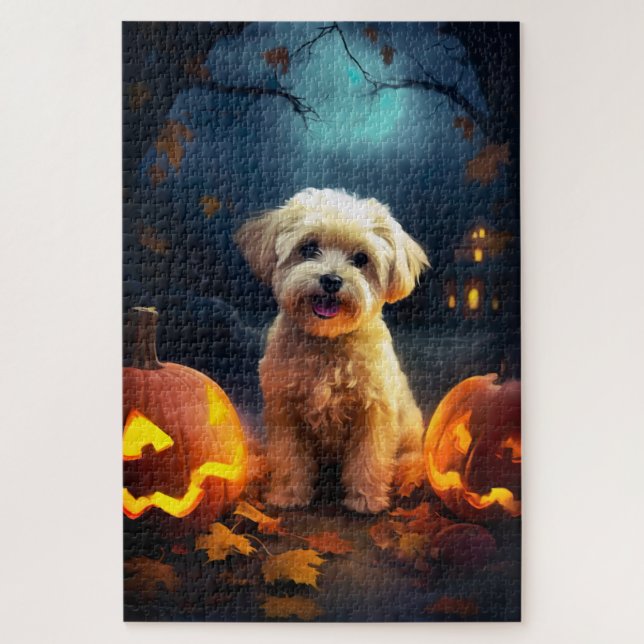 Halloween Yorkipoo mit Pumpkins Beängstigend Puzzle (Vertikal)