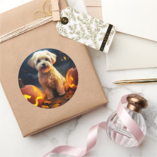 Halloween Yorkipoo mit Pumpkins Beängstigend Runder Aufkleber