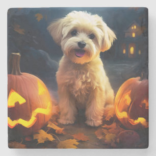 Halloween Yorkipoo mit Pumpkins Beängstigend Steinuntersetzer