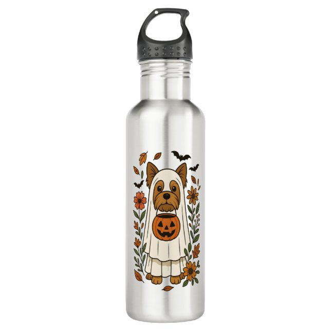 Halloween Yorkshire Terrier Blume Halloween Edelstahlflasche (Vorderseite)