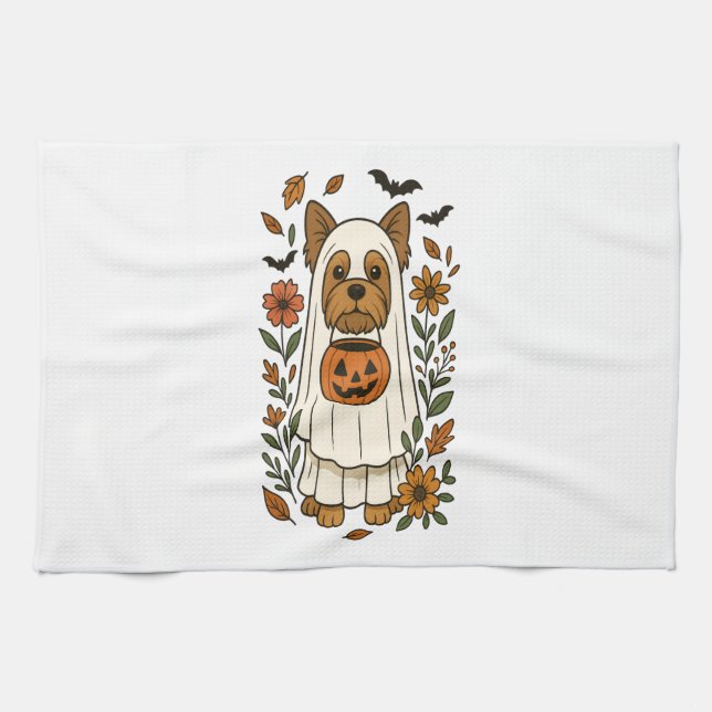 Halloween Yorkshire Terrier Blumen Halloween Geschirrtuch (Horizontal)