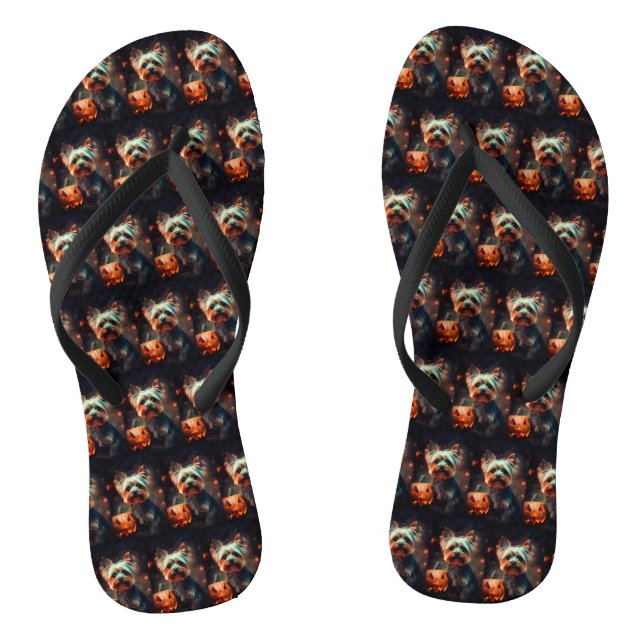 Halloween Yorkshire Terrier mit Pumpkins Beängstig Flip Flops (Fußbett)