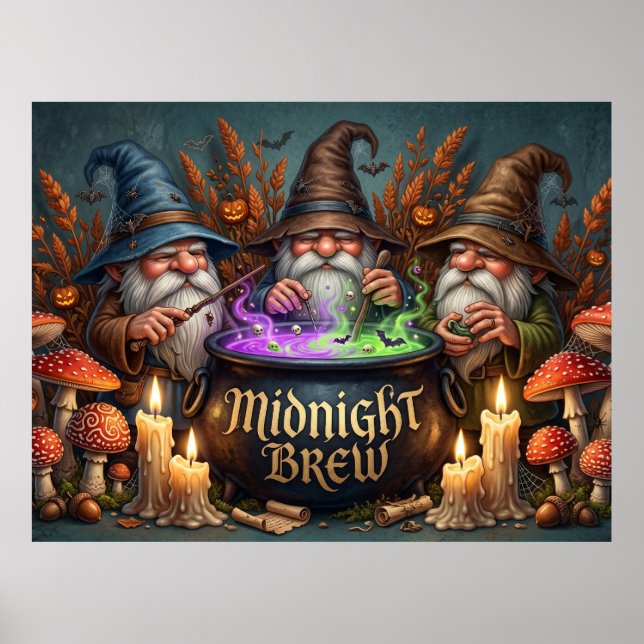 Halloween-Zauberer-Gnome-Mitternachts-Bräu-Kessel Poster (Vorne)