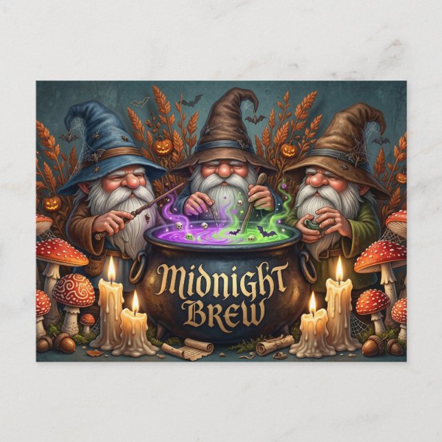Halloween-Zauberer-Gnome-Mitternachts-Bräu-Kessel Postkarte (Vorderseite)