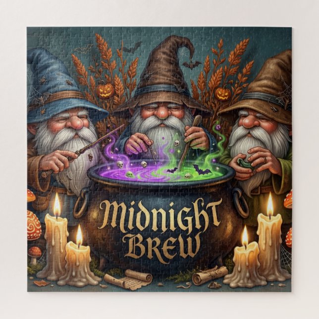 Halloween-Zauberer-Gnome-Mitternachts-Bräu-Kessel Puzzle (Vertikal)
