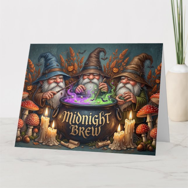 Halloween-Zauberer-Gnome-Mitternachtsbrau-Kessel Karte (Vorderseite)