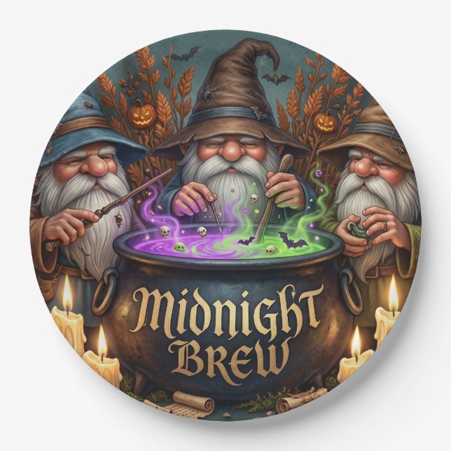 Halloween-Zauberer-Gnome-Mitternachtsbrau-Kessel Pappteller (Vorderseite)