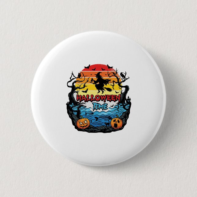 Halloween-Zeit Hexe Kürbisse Fledermäuse Sonnenunt Button (Vorderseite)