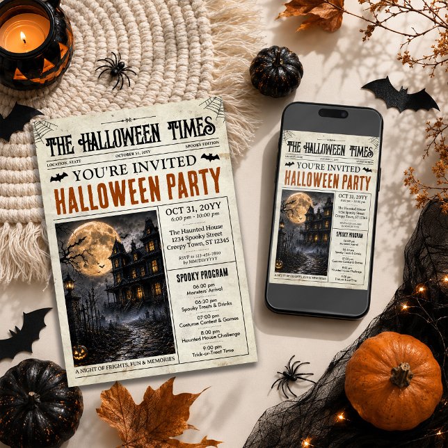 Halloween-Zeitungs-Einladung mit Programm (Halloween Newspaper Invitation with Program | Personalized Spooky Party Invite)