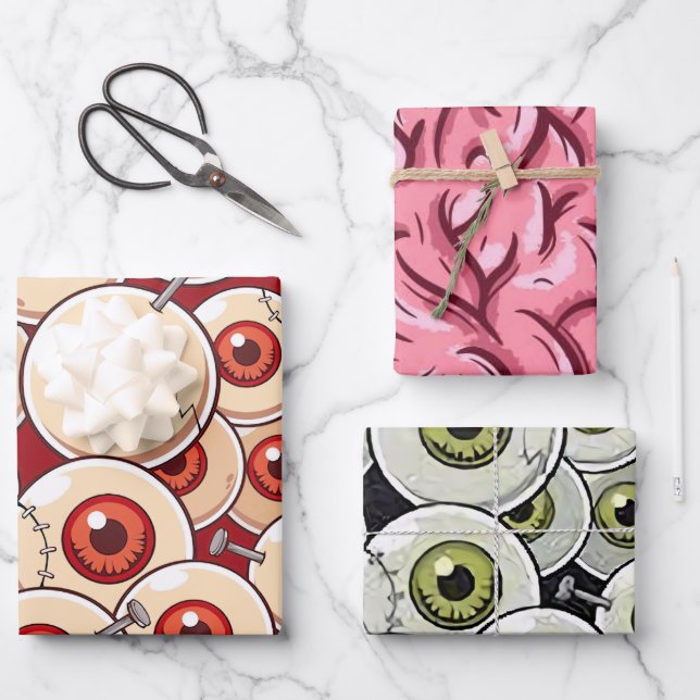Halloween Zombie Eyes Brains Cartoon Pattern Party Geschenkpapier Set (Vorderseite)