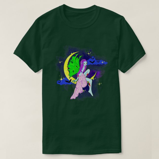 Halloween Zombie Fairy sitzt auf einem Mond T-Shirt (Design vorne)