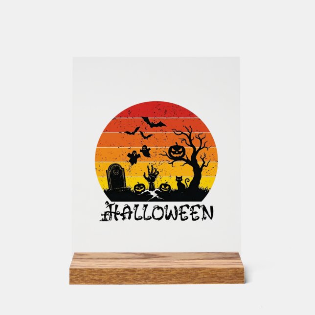 Halloween Zombie-Hand Grabstein Baum Schwarze Katz Acrylschild (Vorderseite)