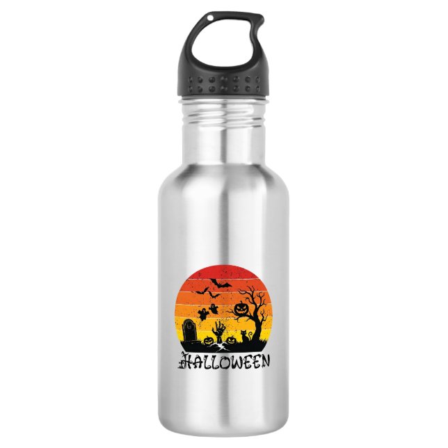 Halloween Zombie Hand Grabstein Baum Schwarze Katz Edelstahlflasche (Vorderseite)