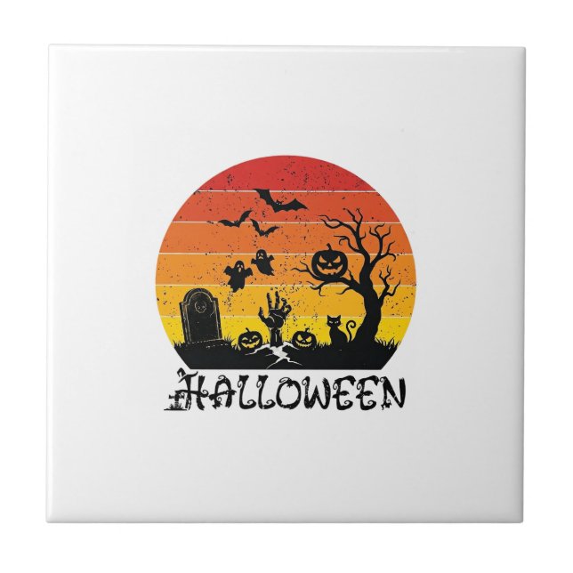 Halloween Zombie Hand Grabstein Baum Schwarze Katz Fliese (Vorderseite)