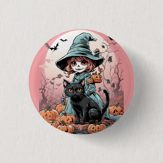 Halloween-Zombie-Hexe mit schwarzer Katze Abzeiche Button
