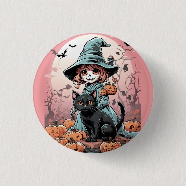 Halloween-Zombie-Hexe mit schwarzer Katze Abzeiche Button (Vorderseite)