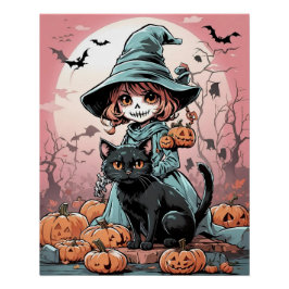 Halloween-Zombie-Hexe mit schwarzer Katze Poster