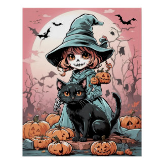 Halloween-Zombie-Hexe mit schwarzer Katze Poster