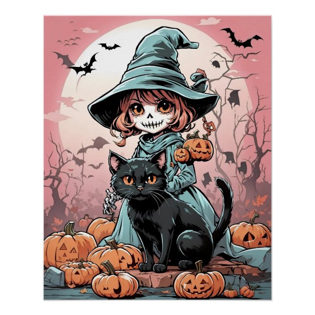 Halloween-Zombie-Hexe mit schwarzer Katze Poster (Vorderseite)