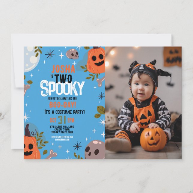 Halloween ZWO Boys Party Foto Blau Einladung (Vorderseite)