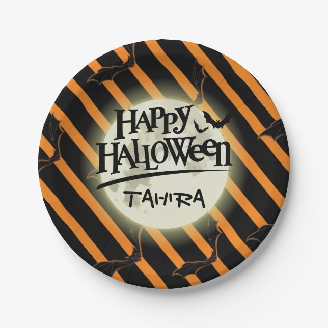 Hallowen Streifen und Fledermäuse Pappteller (Vorderseite)