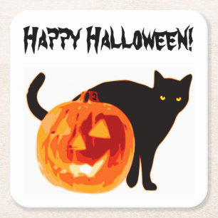 HALLOWEWEE SCHWARZE KATZE UND PUMPKIN RECHTECKIGER PAPPUNTERSETZER