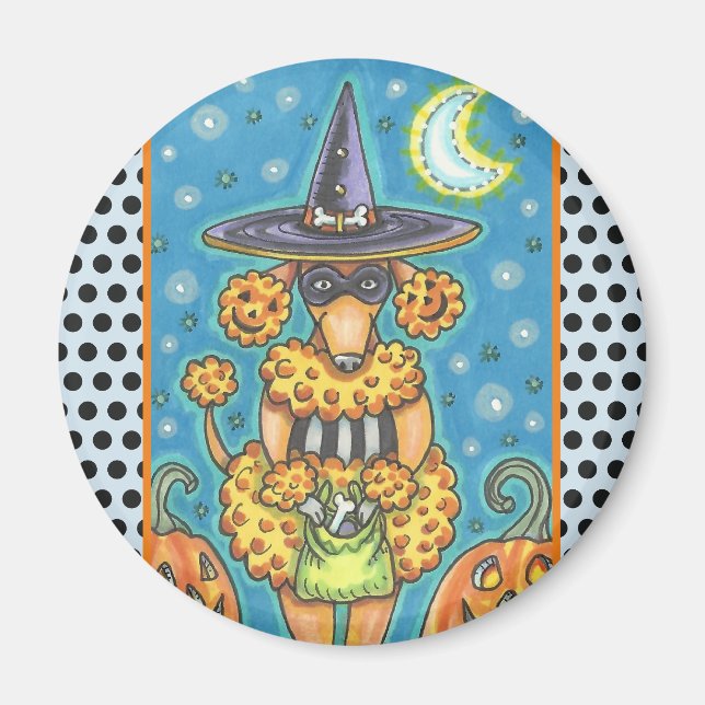 HALLOWEWEEN PUMPKIN POODLE, HUND MAGNET RUNDE (Vorne)