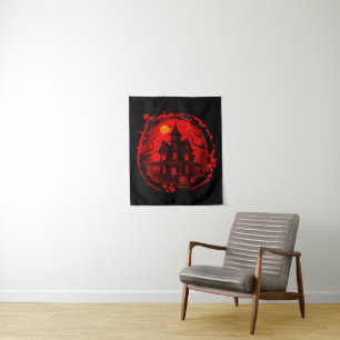 HALLOWEWEEN SPUK HAUS ROTE SCHWARZE SILHOUETTE WANDTEPPICH