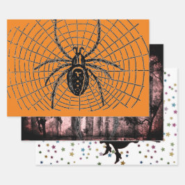 HALLOWEWEEN WRAPPING PAPER SET WITCH UND SPIDERS GESCHENKPAPIER SET