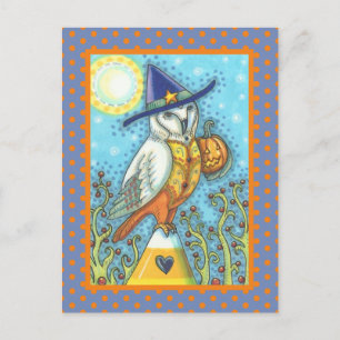 HALLOWEWEW FOLK ART BARN OWL & CANDY CORN POSTKARTE