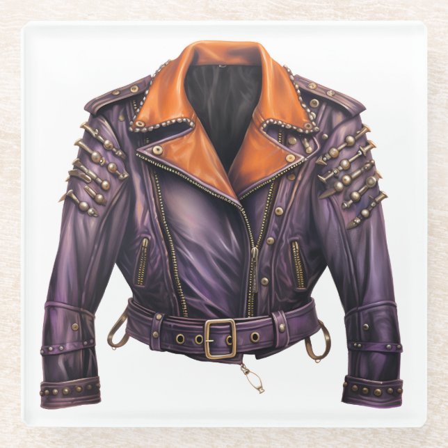 HALLOWEWEWEE LILA- UND ORANGE LEATHER JACKET GLASUNTERSETZER (Vorderseite)