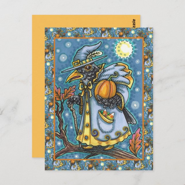 HALLOWS EVE BLACKBIRD WIZARD, HALLOWEEN RAVEN POSTKARTE (Vorne/Hinten)