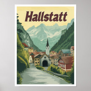 Hallstatt Austria Art Vintage Travel Illustration Poster