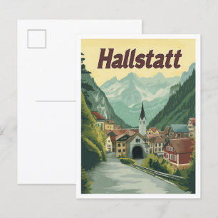 Hallstatt Austria Art Vintage Travel Illustration Postkarte