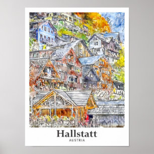 Hallstatt Austria Travel Watercolor Hand Drawing Poster